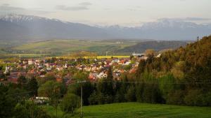 a small town in a valley with mountains in the background at Apartment Jursport in Závažná Poruba