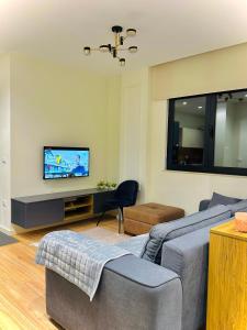 Charming and Bright Tirana Center Apartament في تيرانا: غرفة معيشة مع أريكة وتلفزيون بشاشة مسطحة