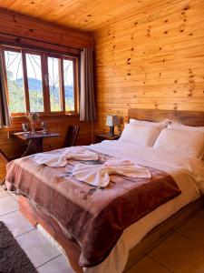 a bedroom with a large bed in a wooden room at Pousada Recanto da Gruta in Urubici