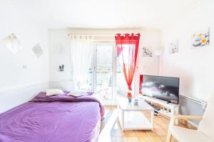 een slaapkamer met een paars bed en een televisie bij EMbnb - Studio Near Geneva in Étrembières