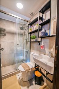 a bathroom with a shower and a toilet and a sink at Haroto Home Residence in Plokamianá