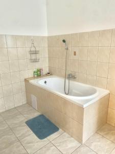 a bath tub with a shower in a bathroom at Pension VIDHOUS 1 in Františkovy Lázně
