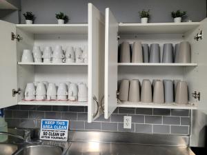 a kitchen cupboard filled with white cups and plants at Banff International Hostel in Banff