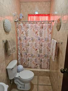 La salle de bains est pourvue de toilettes et d'un rideau de douche. dans l'établissement Combate Whitehouse, Playa Combate, Cabo Rojo, à Cabo Rojo