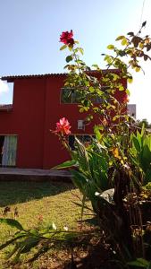 una casa roja con flores delante en Em Busca Hostel en Bonito