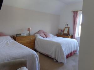 a bedroom with two beds and a dresser and a mirror at Staylittle Farm in Dolgellau