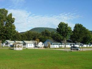 a house with a car parked in a green field at West Road Motel in Bennington