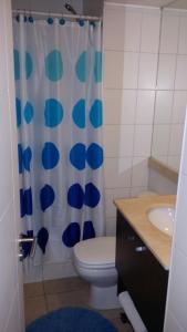 uma casa de banho com um WC e uma cortina de chuveiro em La Gloria 30. Las Condes em Santiago
