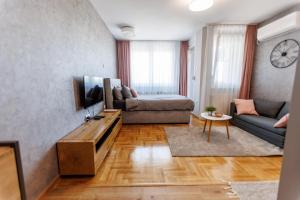 een woonkamer met een bank en een tv bij Apartman Tija 3 in Subotica