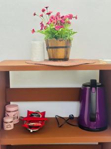 a wooden shelf with a pot of flowers on it at Sea Breeze Guest House in Negombo