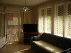 ein Wohnzimmer mit einem Sofa und einem TV in der Unterkunft Ország Apartmanház in Zalakaros