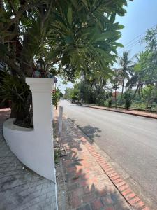 una calle con palmeras al lado de la carretera en Golden Lotus Namkhan River View, en Luang Prabang