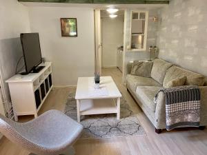 uma sala de estar com um sofá, uma televisão e uma mesa em Lower floor of 50 sqm in nice villa with parking em Estocolmo