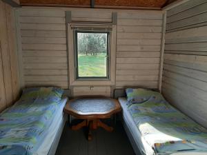 um quarto com duas camas e uma mesa e uma janela em Mėgstantiems gaminti gamtoje 