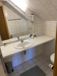 a bathroom with a sink and a mirror at Bistro-zur-Quelle in Minden