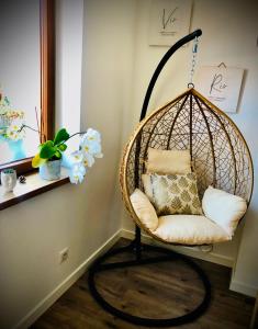 a hanging basket chair with pillows in a room at Un petit écrin au cœur du vignoble alsacien in Mittelwihr