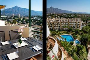 balkon ze stołem i widokiem na hotel w obiekcie SAA- Comfortable Apartment near Puerto Banus w Marbelli