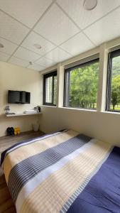 een slaapkamer met een groot bed in een kamer met ramen bij 漫旅溫泉會館-愛娜 in Jiaoxi
