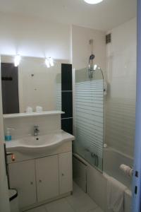 ein Bad mit einem Waschbecken, einer Dusche und einem Spiegel in der Unterkunft Hôtel Valentin in Les Deux Alpes