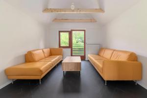 a living room with two couches and a coffee table at Appleby Apartments Kersnik in Bohinj