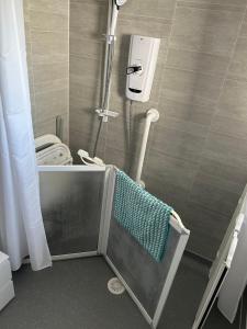 a bathroom with a shower with a towel at Idyllic holiday near Abersoch in Mynytho +20 photos