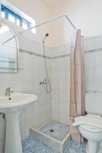 een badkamer met een wastafel, een toilet en een douche bij Venetia Studios in Karpathos