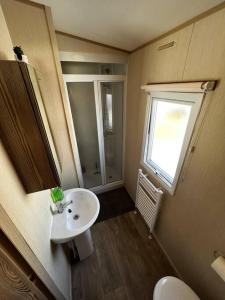 a bathroom with a sink and a toilet and a window at Whitstable, CW18, 2 bed park home, Alberta Holiday Park in Seasalter