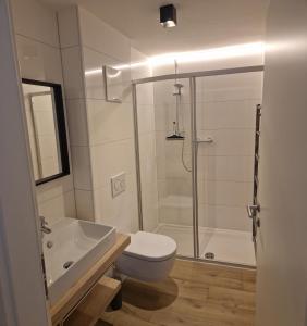 ein Bad mit einer Dusche, einem WC und einem Waschbecken in der Unterkunft Anna & Paul Appartements in Söll