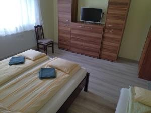 1 Schlafzimmer mit 2 Betten, einem TV und einem Stuhl in der Unterkunft Kurucz Vendégház Hajdúszoboszló in Hajdúszoboszló