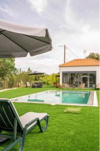 a yard with a pool and a chair and an umbrella at Monte da Marouca-Mont’Argil in Montargil