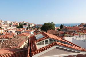 uitzicht op een stad met rode daken bij Cane’s Family Guest House in Plomarion