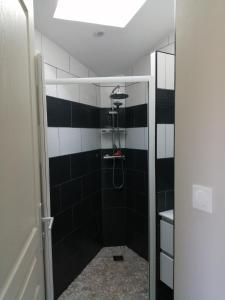a bathroom with a shower with black and white tiles at Gite Bin Benaise sans linge in Pamproux +37 photos