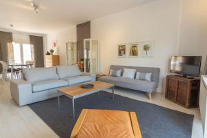 - un salon avec deux canapés et une télévision dans l'établissement Maison Elisa, à Alexandroúpolis