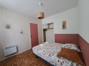 een slaapkamer met een bed en een rode deur bij Le Colibri - Appartement 4 à 6 couchages avec terrasse in Allemont