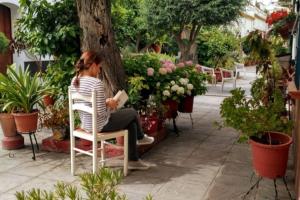 una mujer sentada en una silla en un jardín en Típico y pintoresco patio de vecinos, con encanto, en Sevilla