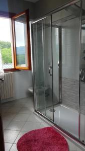 baño con ducha de cristal y alfombra rosa en Il Chicco apartment, en Lamporecchio