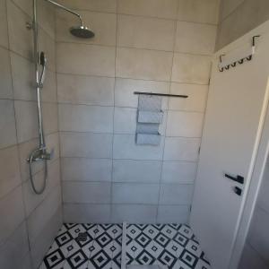 bagno con doccia e pavimento piastrellato di Eirini's Apartment a Análipsis