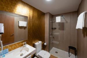 La salle de bains est pourvue de toilettes, d'un lavabo et d'une douche. dans l'établissement Hotel Internacional, à Benidorm