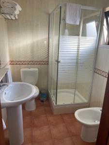 a bathroom with a shower and a sink and a toilet at Quinta Dos Amarelos no Meco in Aldeia do Meco