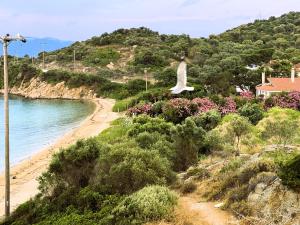 a view of a beach with a house and the ocean at Casa Santa Agua in Ammouliani