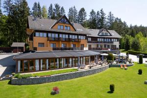 ein großes Haus mit Rasen davor in der Unterkunft Hotel SLUNEČNÁ LOUKA in Lipno nad Vltavou