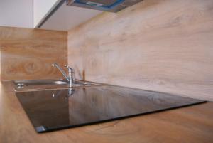 a kitchen with a sink and a wooden wall at Apartma Na Trati in Izola +28 photos