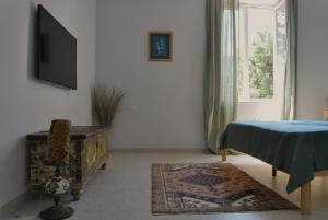 sala de estar con TV, mesa y alfombra en Apartma Na Trati, en Izola
