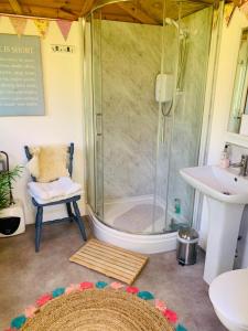 a bathroom with a shower and a sink at Bells Meadow Shepherds Hut in King's Lynn