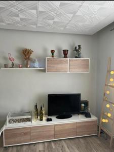 a living room with a tv on a white wall at Piso Los Jardines in Peñaranda de Bracamonte