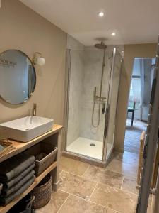 a bathroom with a shower and a sink and a mirror at La maison du tripot in Honfleur