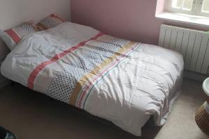 ein Bett mit einer weißen Bettdecke in einem Schlafzimmer in der Unterkunft Cosy'Appart hyper centre Josselin in Josselin