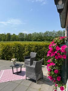 un patio con 2 sillas, una mesa y flores en Parsingel en Oostermeer