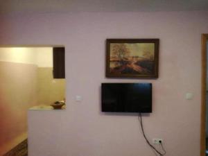 Elle comprend une télévision à écran plat suspendue sur un mur blanc. dans l'établissement Apartman Turkana 2, à Sarajevo