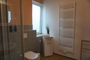 a bathroom with a shower and a toilet and a window at Ferienwohnung TrautesHeim - Parkplatz gratis in Ilmenau